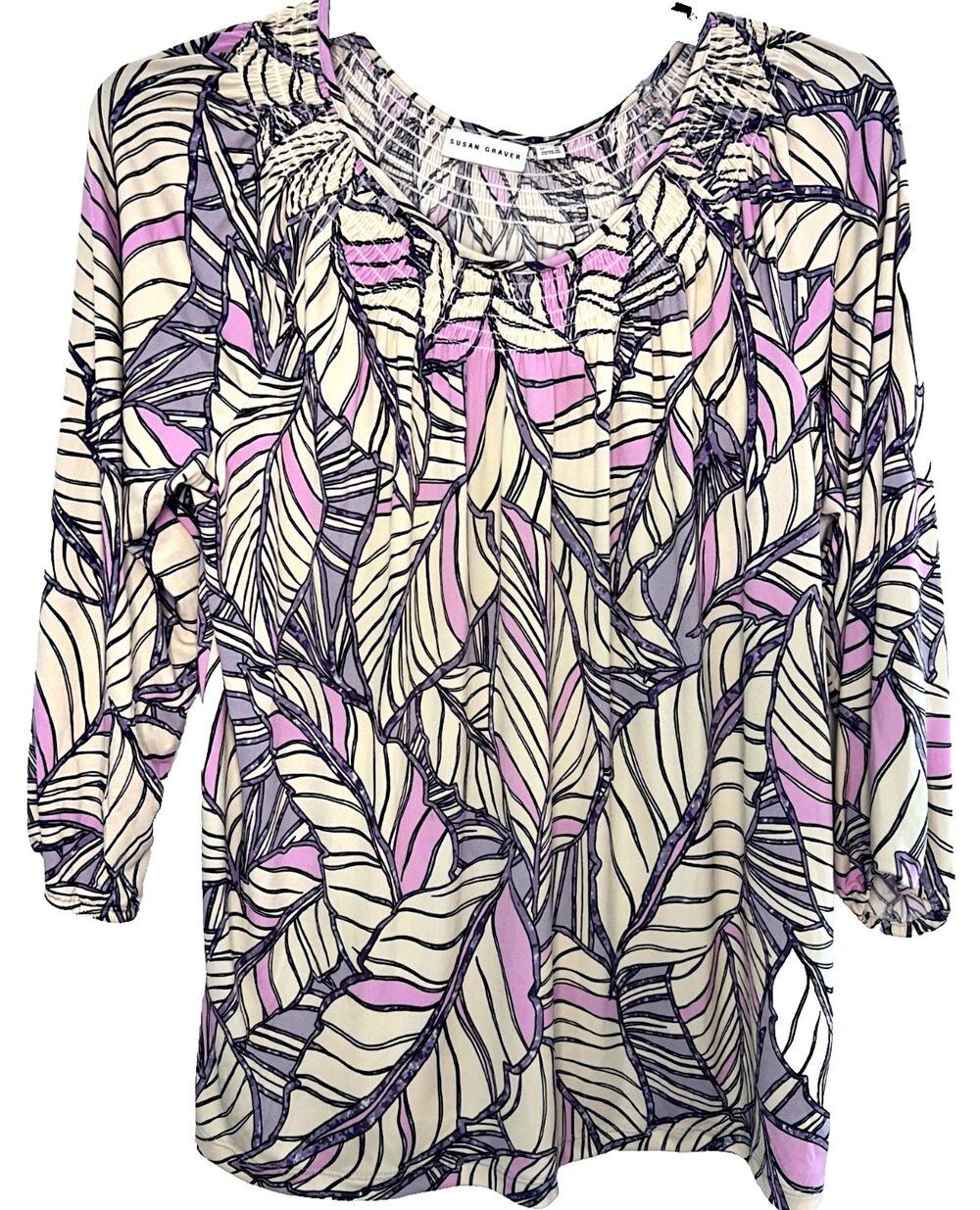 Susan Graver Purple Ivory Leafy print elastic neckline blouse Size Large